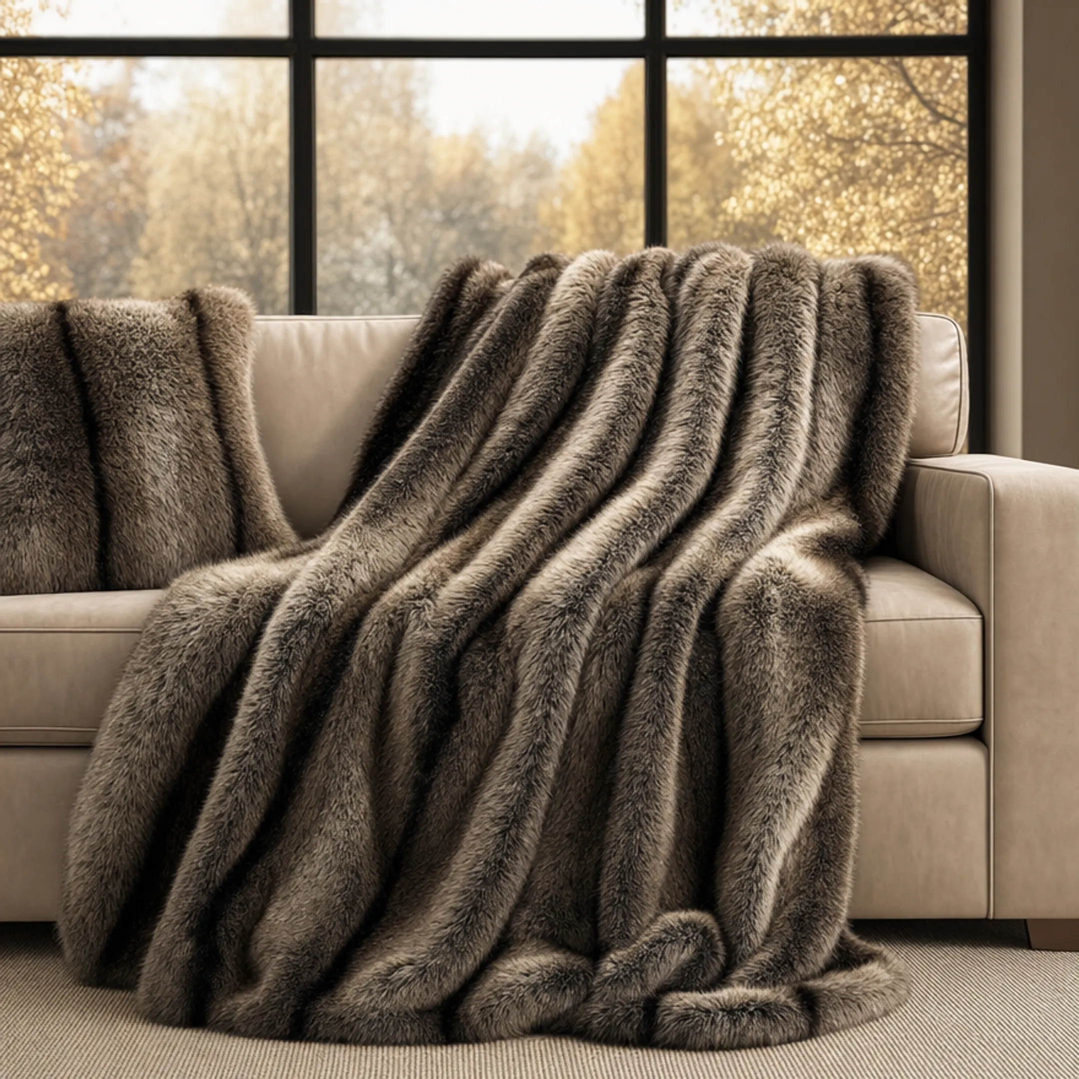 Plush faux fur blanket draped over couch in cozy setting