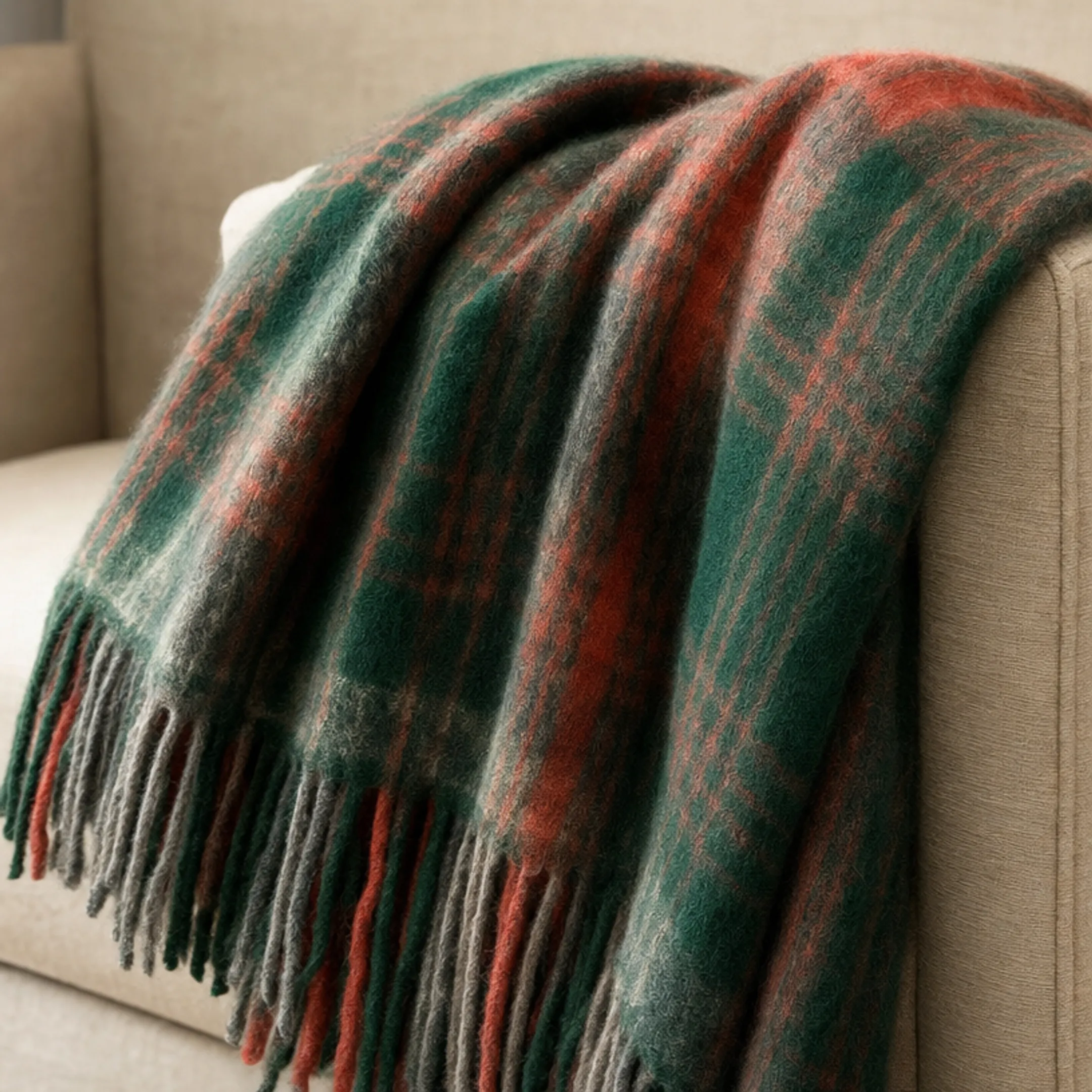 Woven wool throw blanket with fringe edge detail