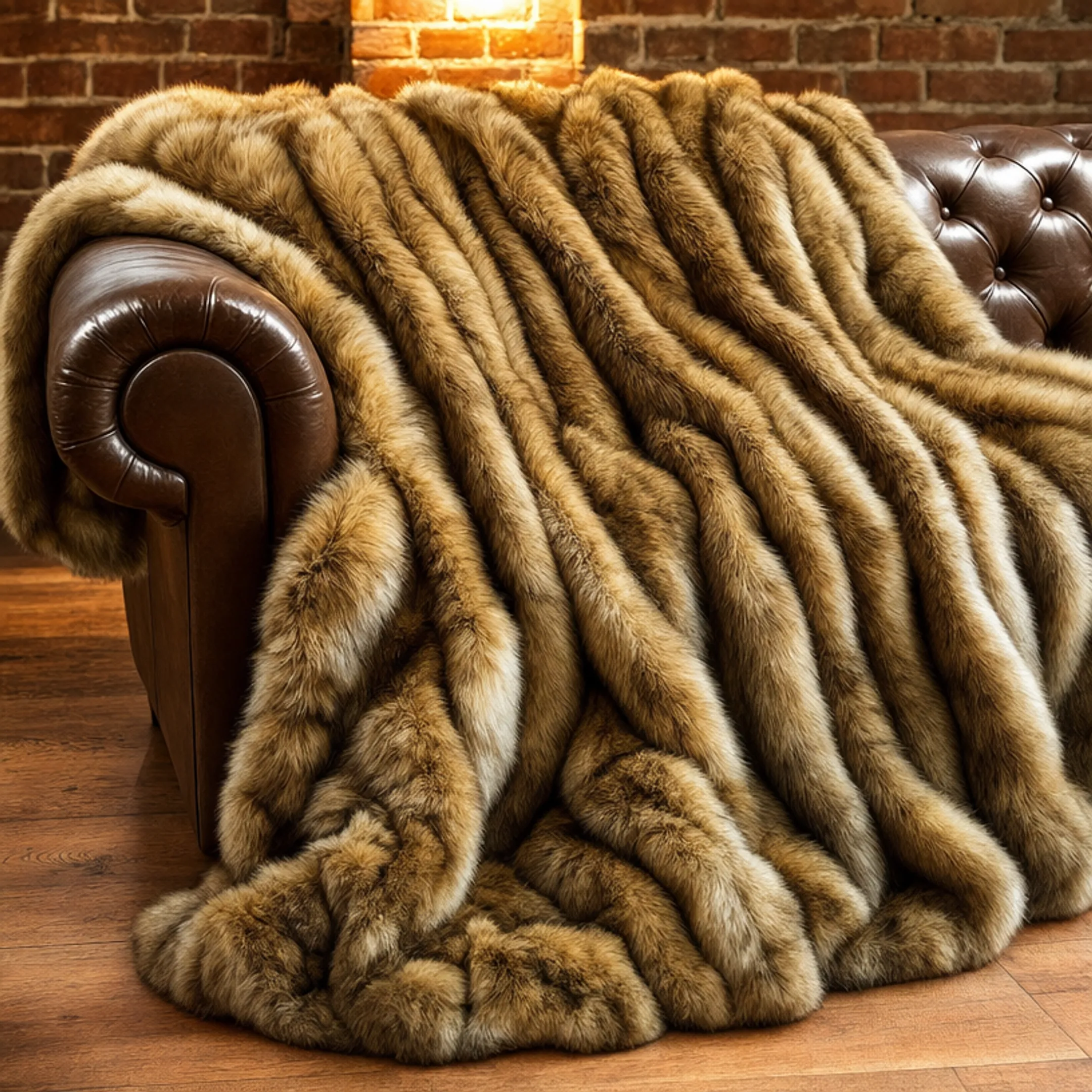 Plush faux fur throw blanket draped over sofa arm