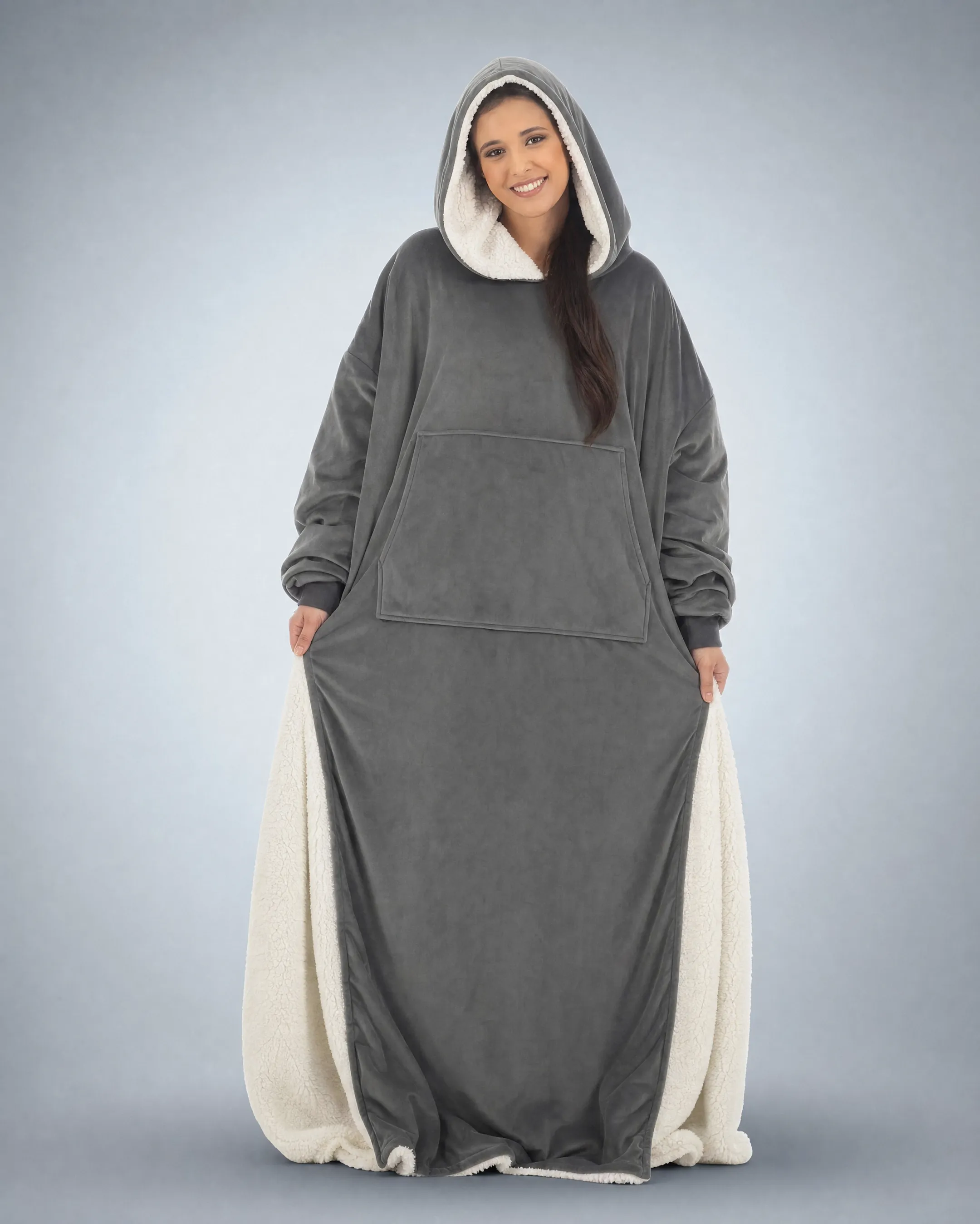Wearable blanket hoodie showing sherpa lining and hood construction