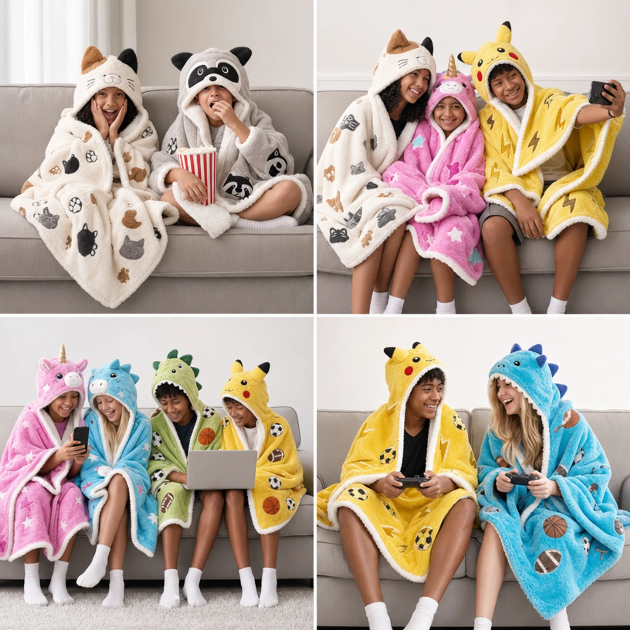 Licensed sports and novelty themed blanket hoodie designs display