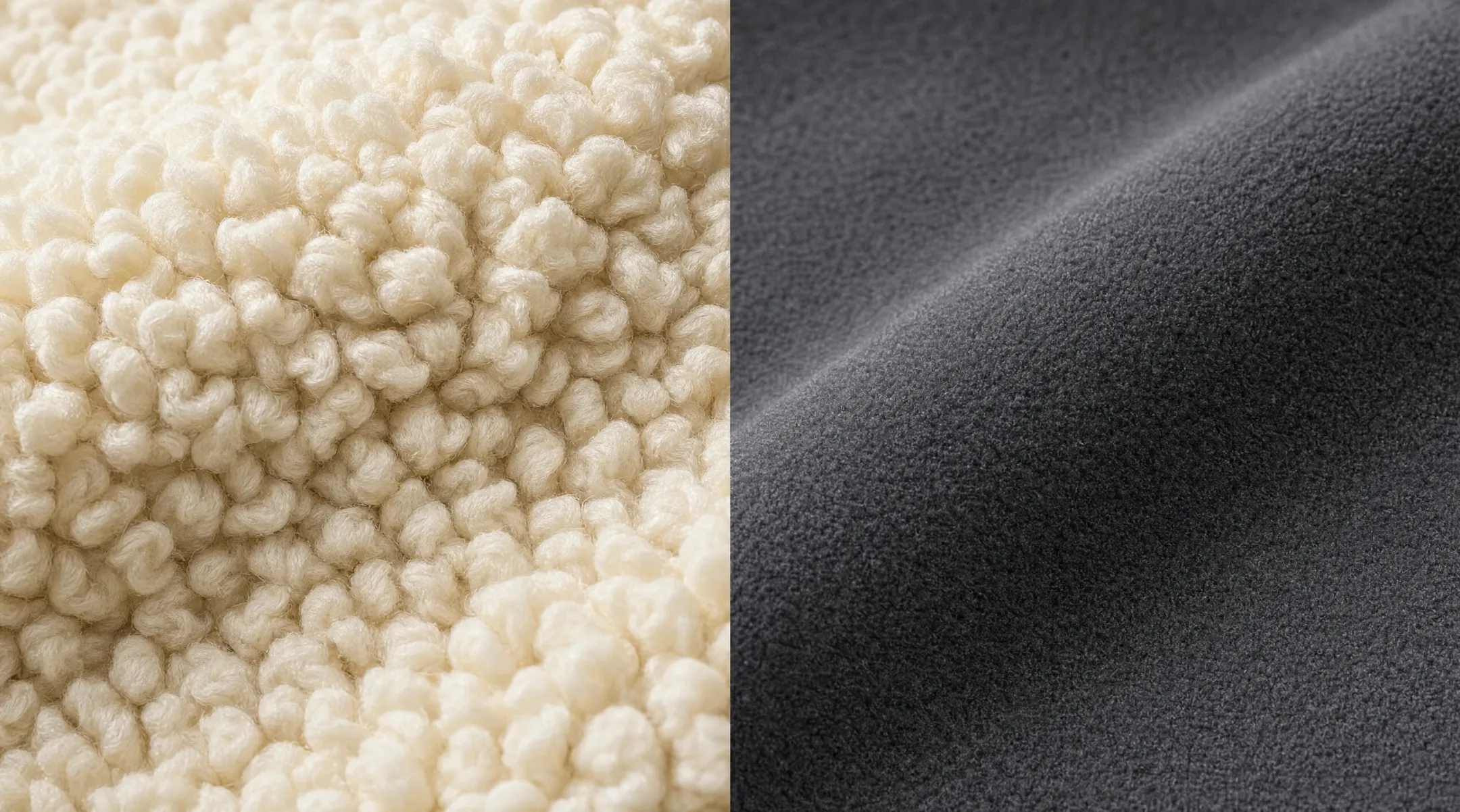 Close-up texture comparison of fluffy sherpa fabric and smooth fleece fabric
