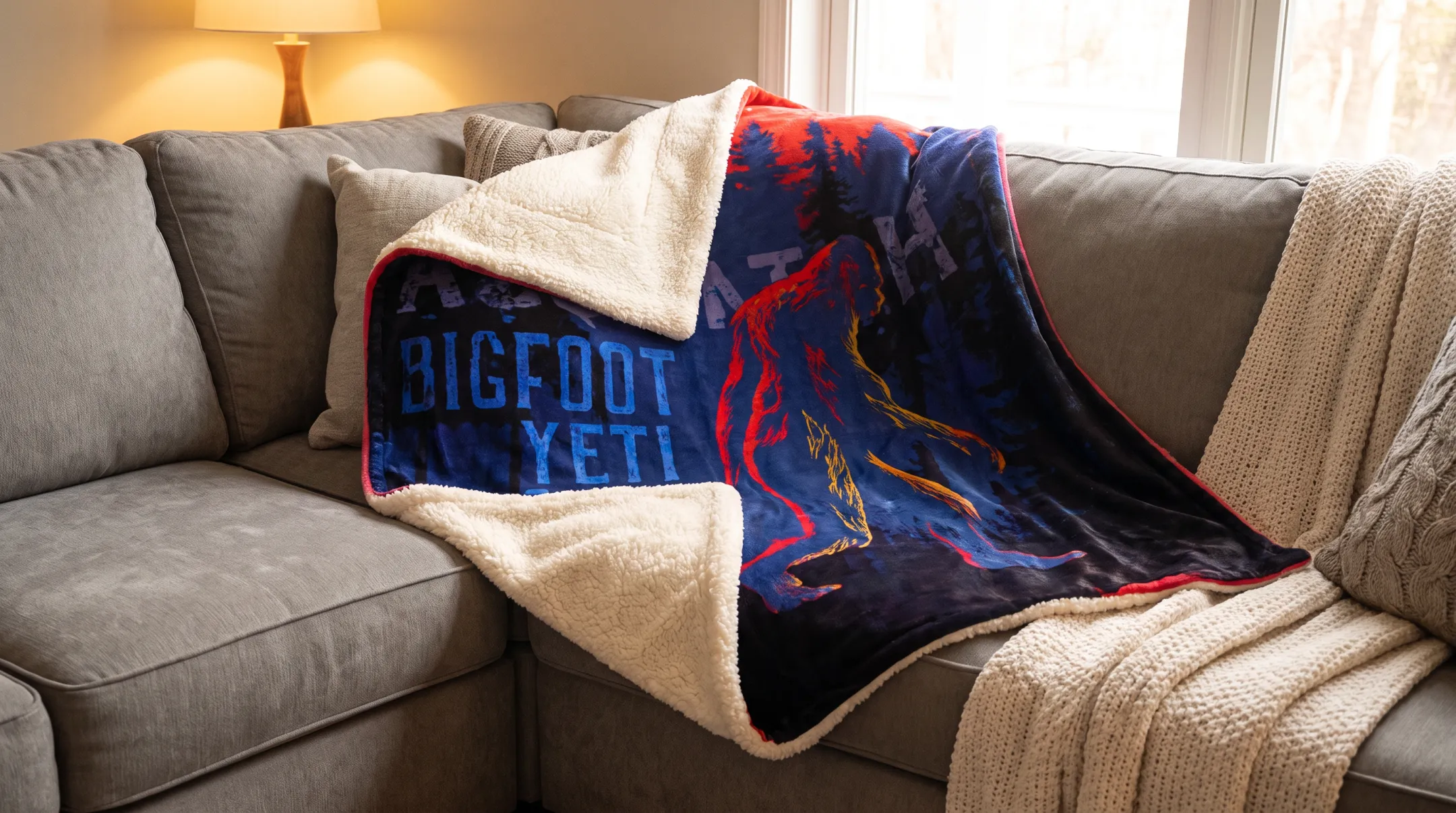 Sasquatch-themed sherpa lined throw blanket with Bigfoot graphics