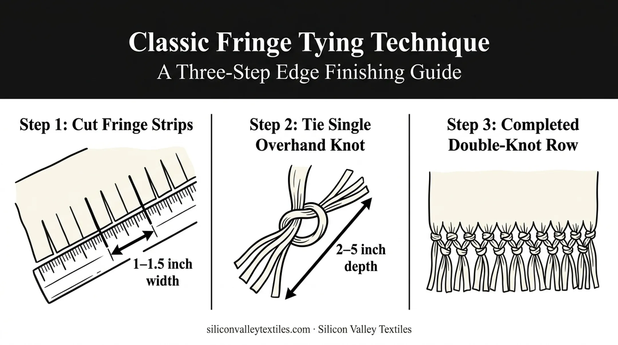 Classic fringe knot tying technique shown in sequential close-up steps
