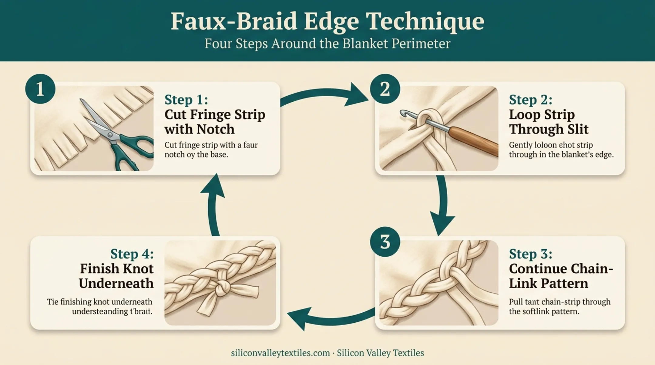 Faux-braided chain-link fringe edge technique step-by-step illustration