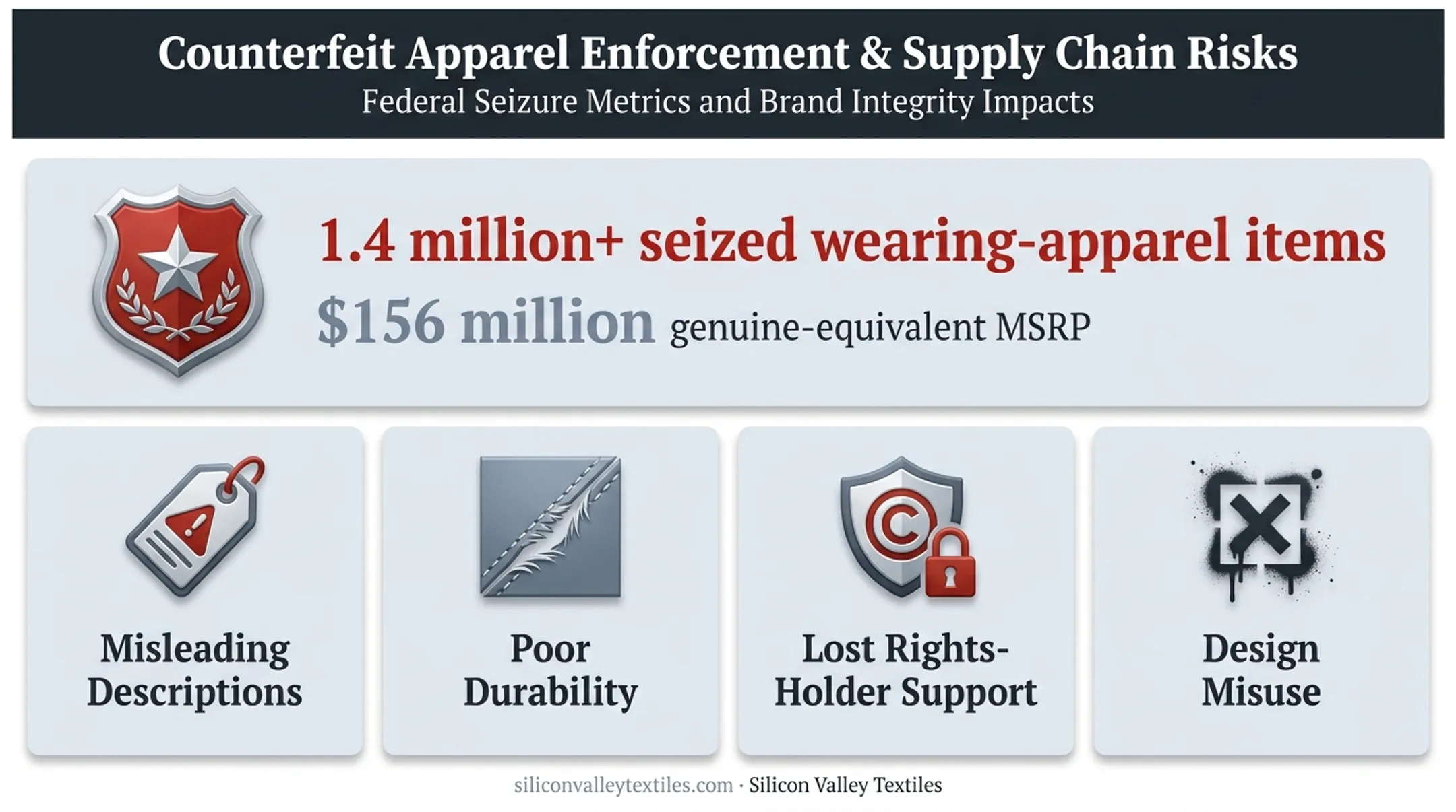 Counterfeit apparel seizure statistics and unauthorized merchandise risks breakdown