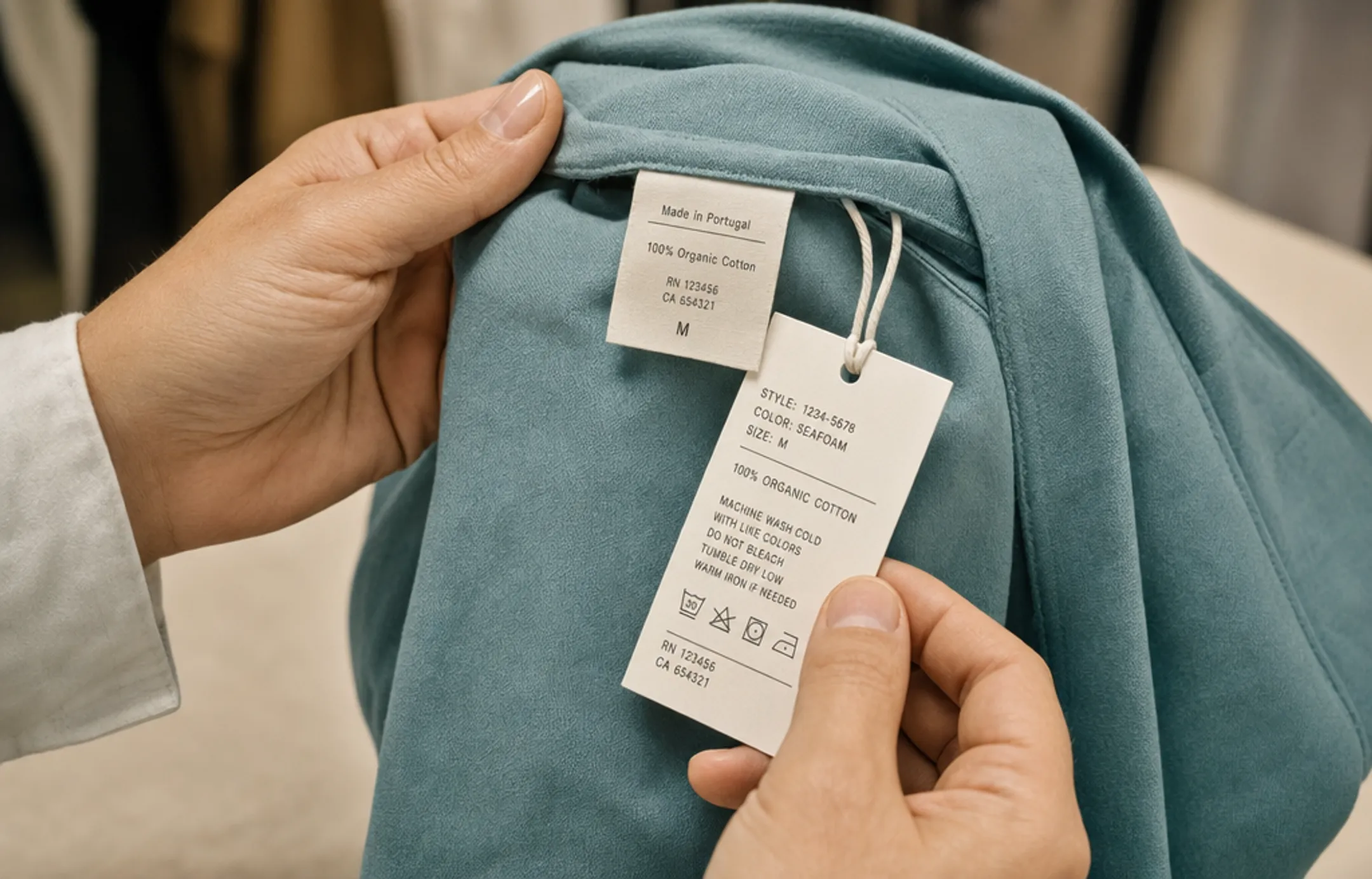 Shopper inspecting clothing tag and label for authenticity verification