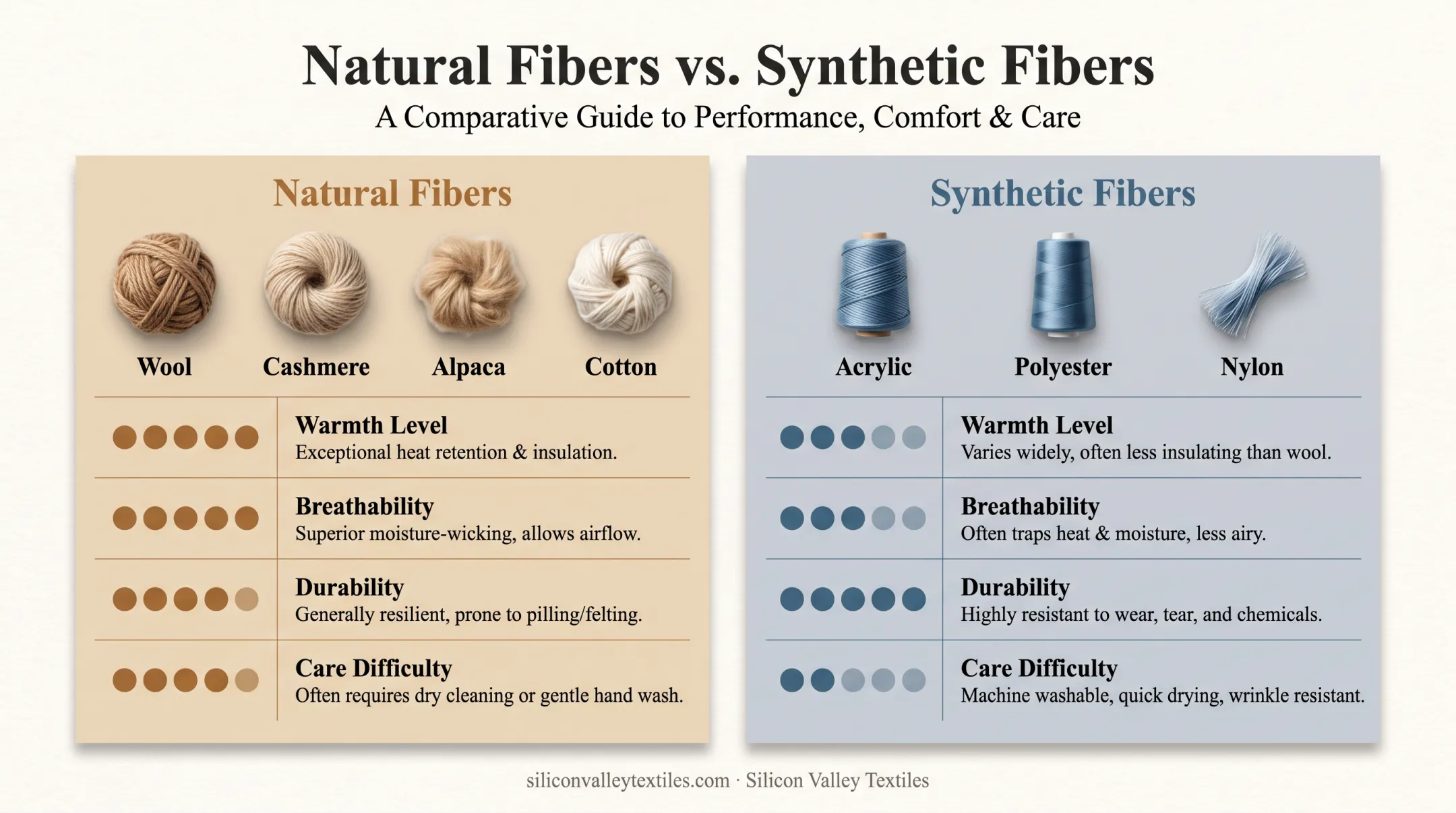 Natural versus synthetic knitwear fiber comparison chart with properties
