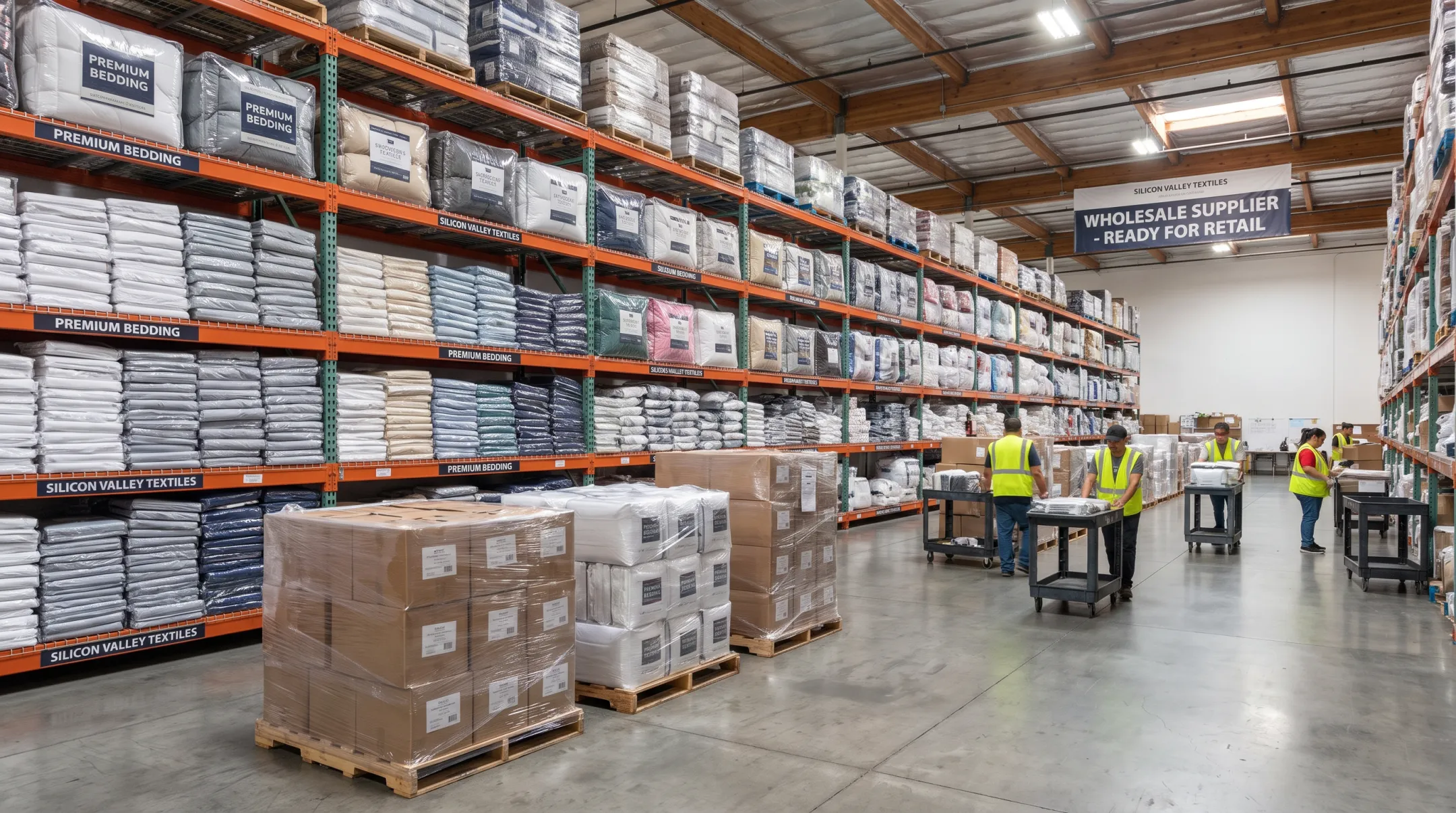 Silicon Valley Textiles wholesale bedding warehouse with folded sheet sets