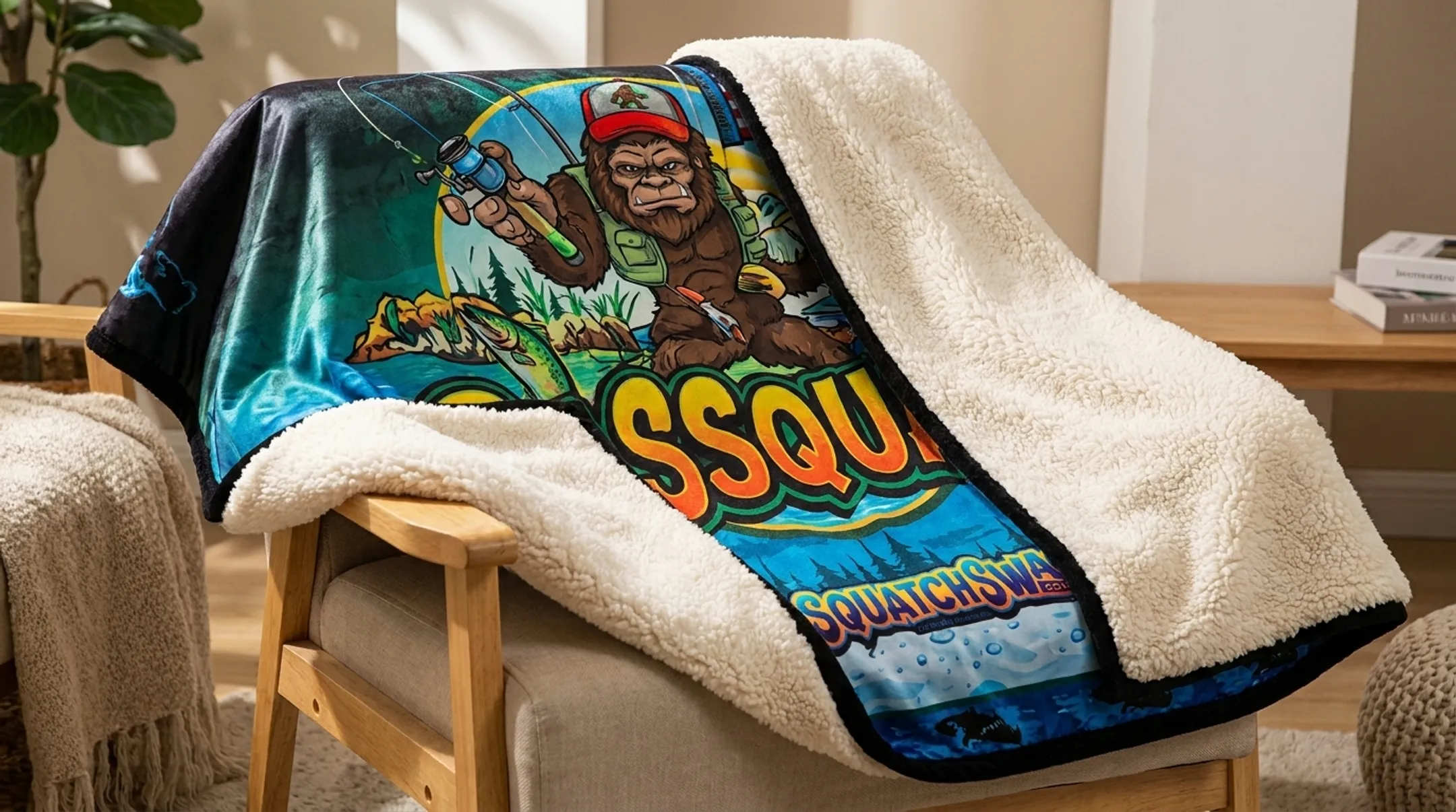 SquatchSwag silk-touch throw blanket with sherpa lining and Bigfoot print