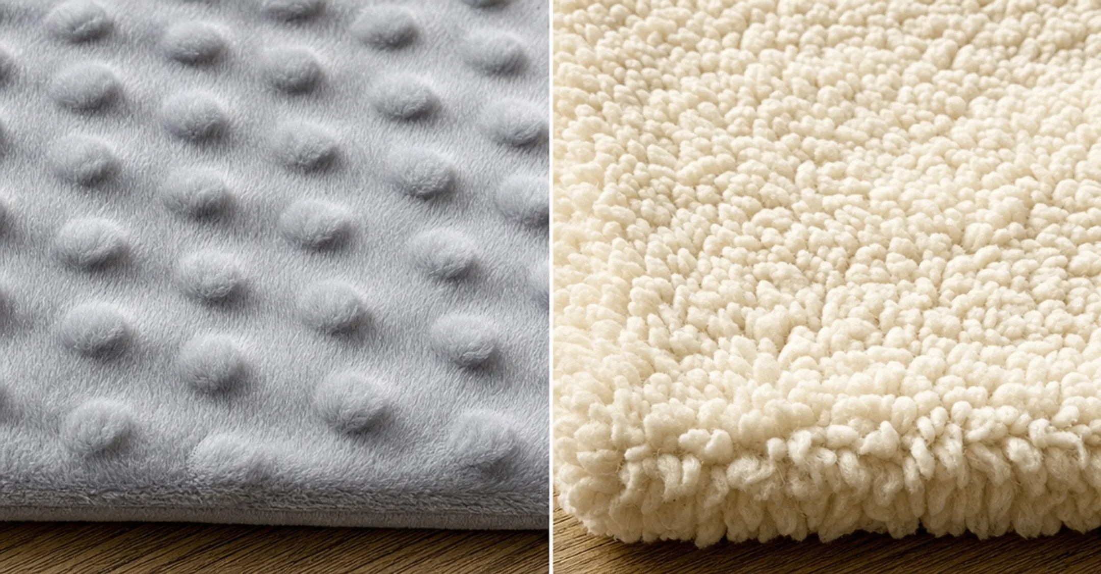 Close-up texture comparison of minky fabric versus sherpa fleece pile