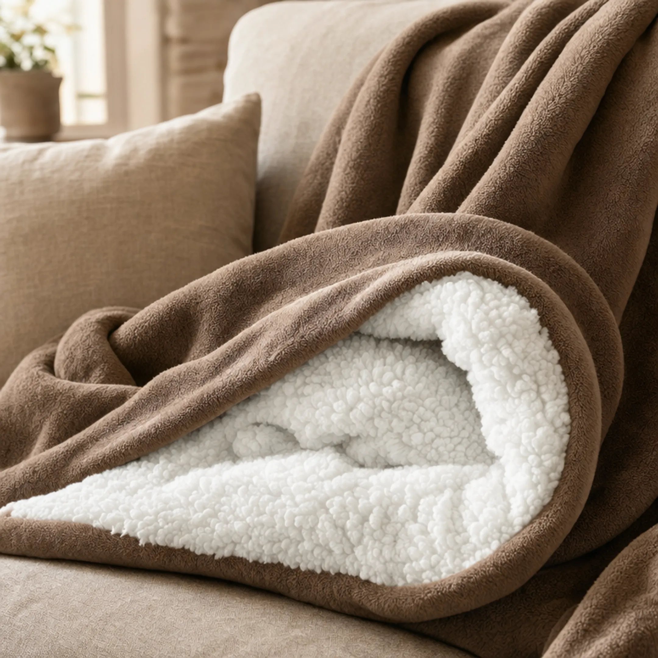 Fluffy sherpa fleece blanket showing dense insulating curly pile texture
