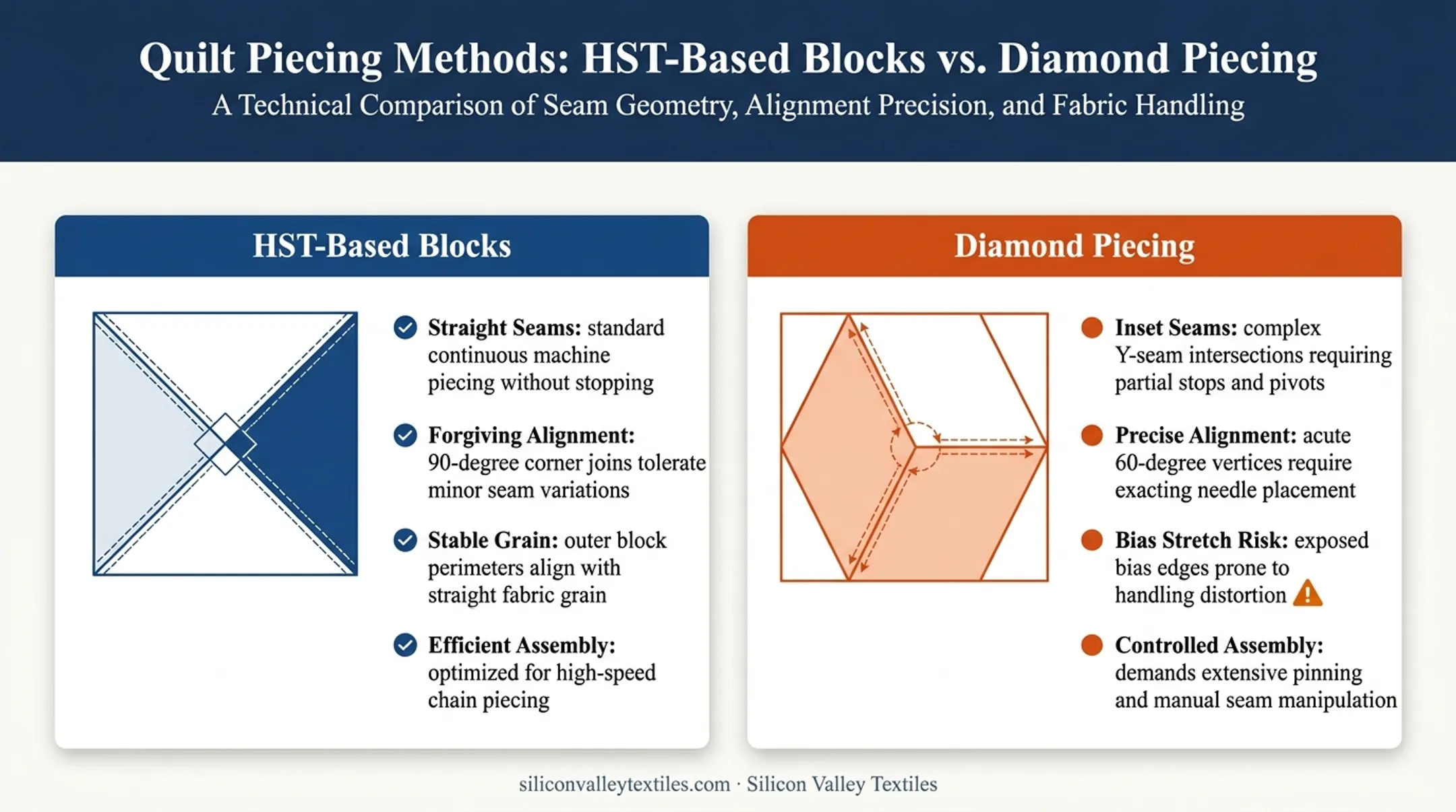 Comparison of half-square triangle versus diamond piecing star block construction