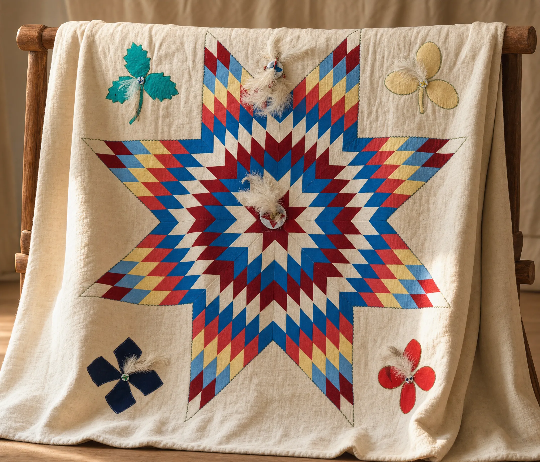 Traditional Lakota Morning Star quilt with radiating eight-point diamond design