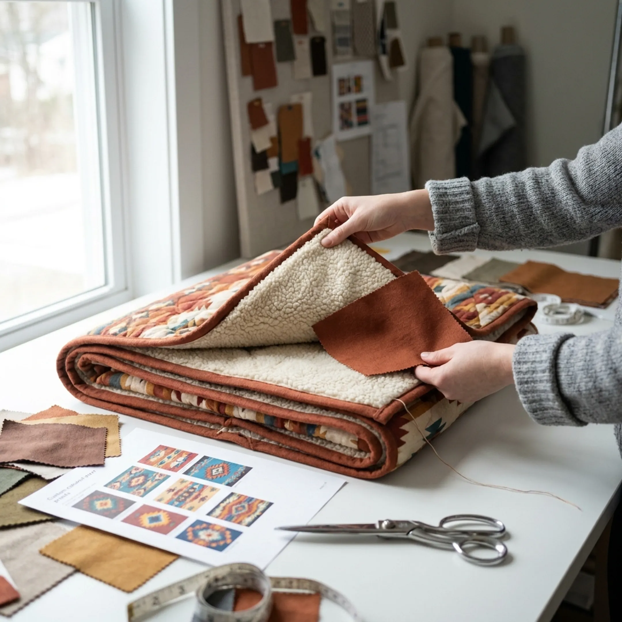 Designer preparing a personalized quilted blanket concept