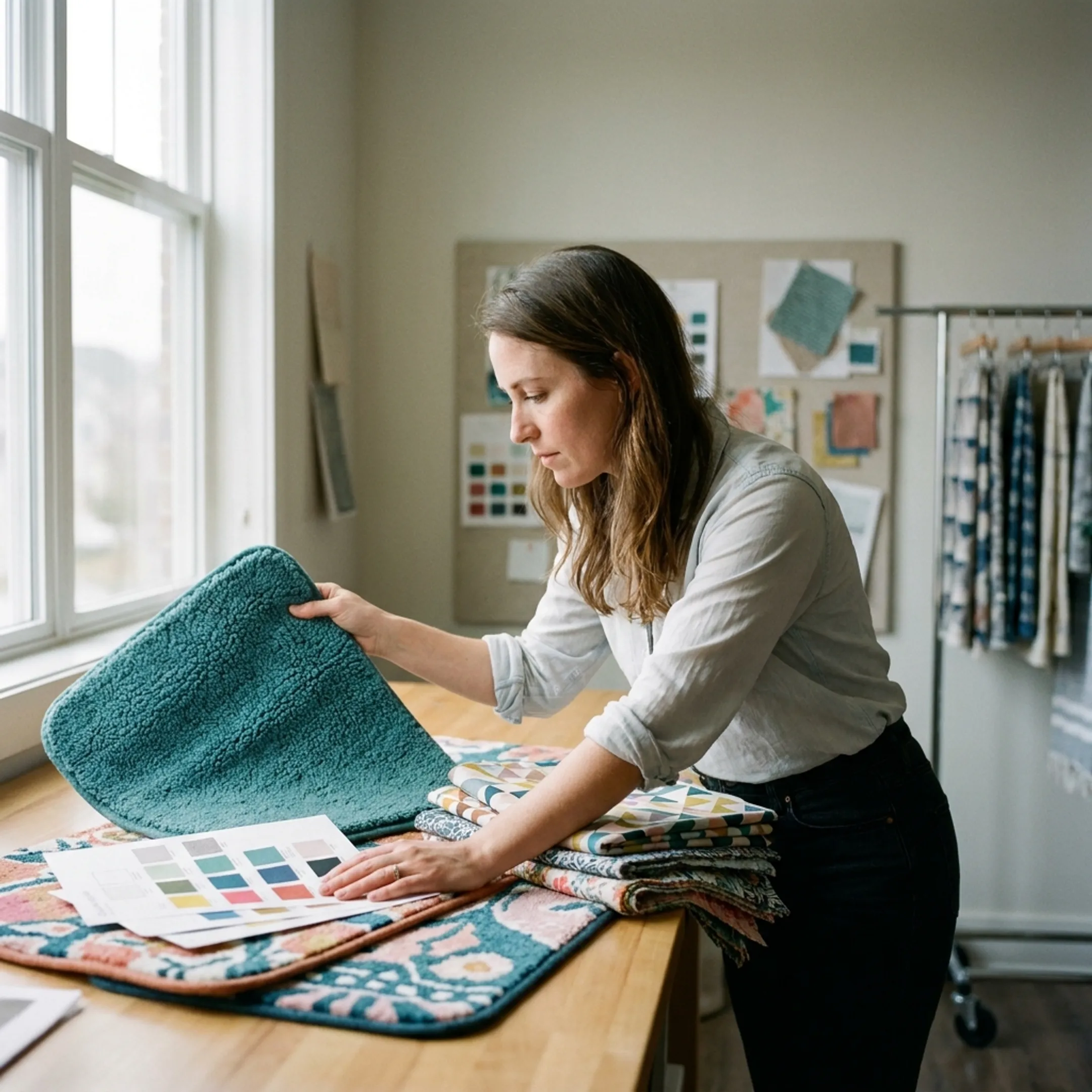 Textile designer reviewing a custom bath mat concept