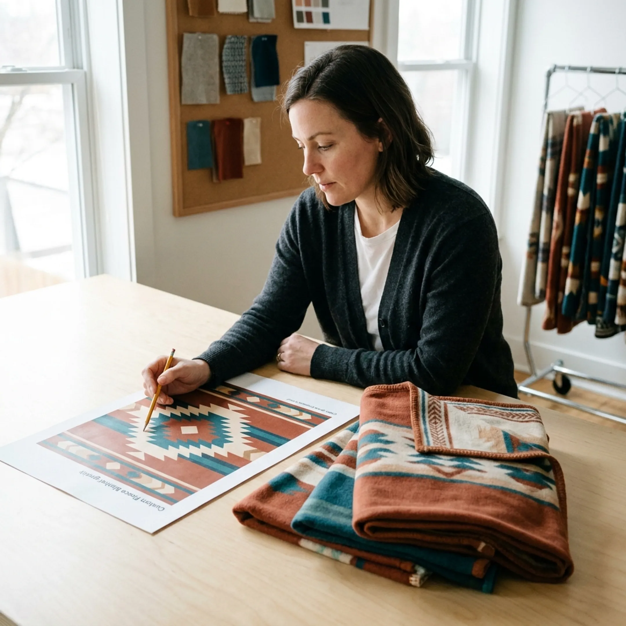 Designer reviewing a custom fleece blanket graphic