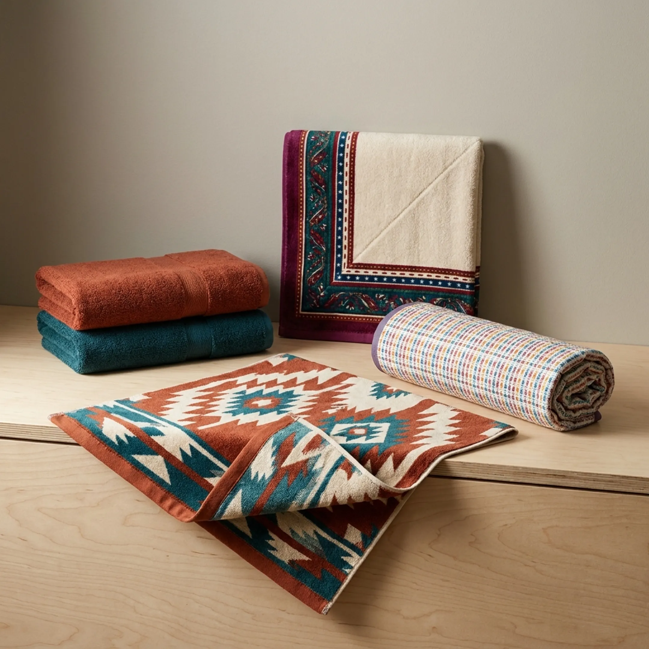 Personalized printed bath towels arranged for product display