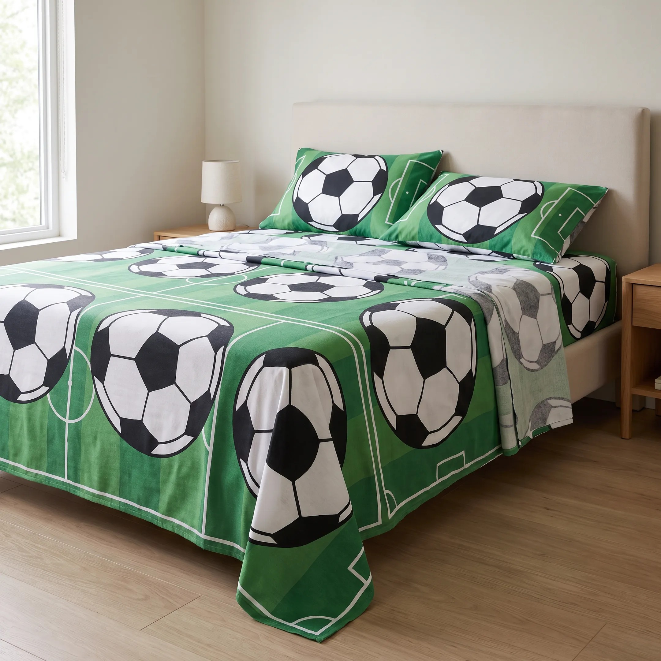 FIFA-themed bed sheets in a home bedroom
