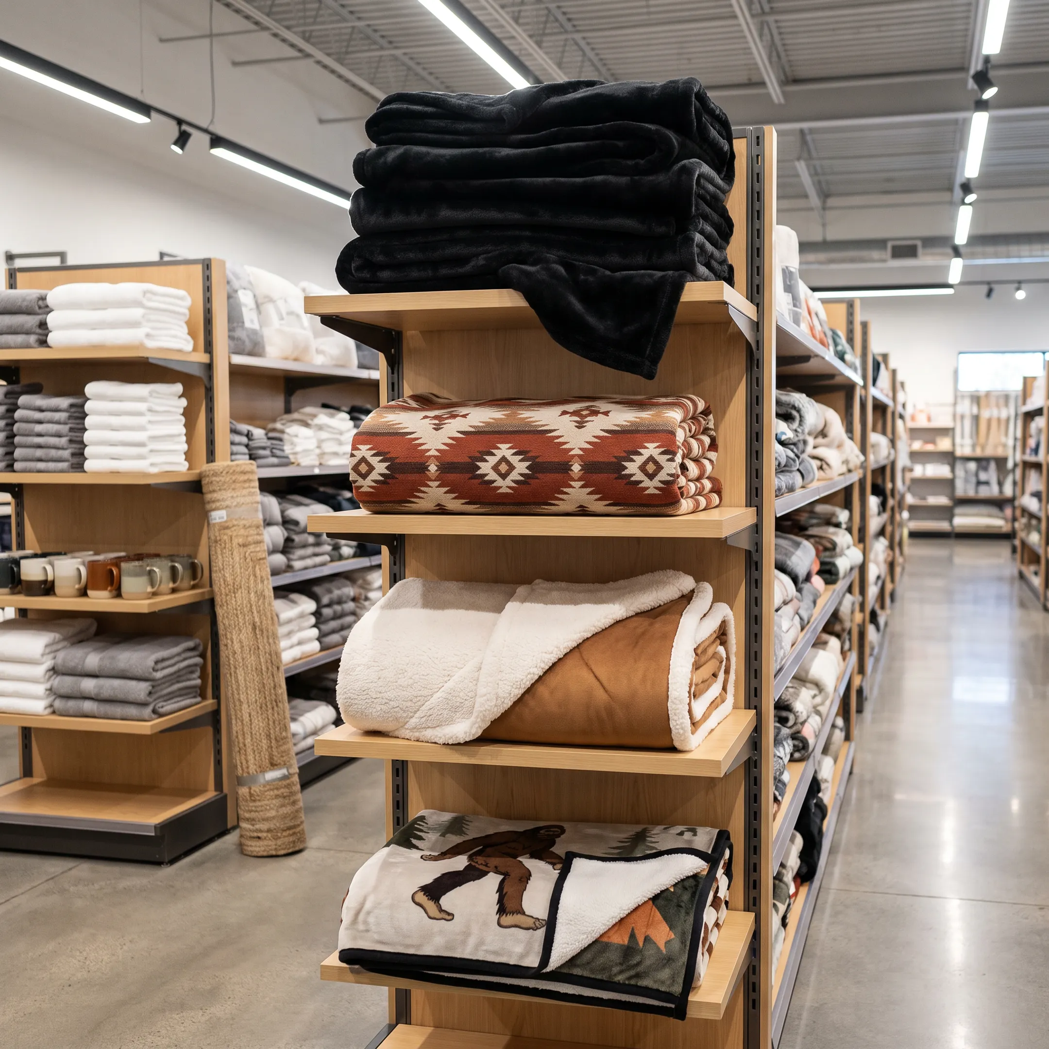 Themed blankets in a home textile retail setting