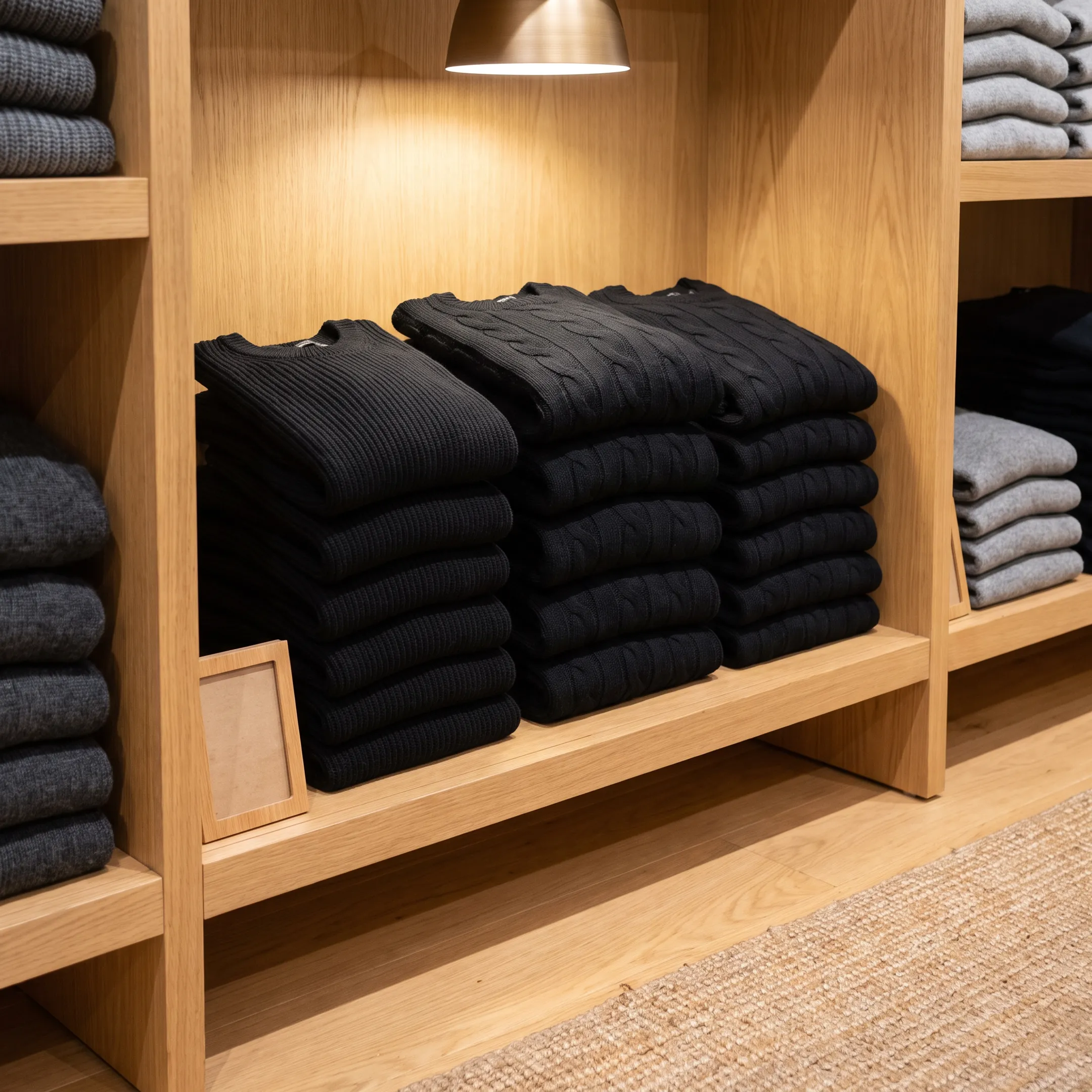 Retail clothing display with black pullover sweaters