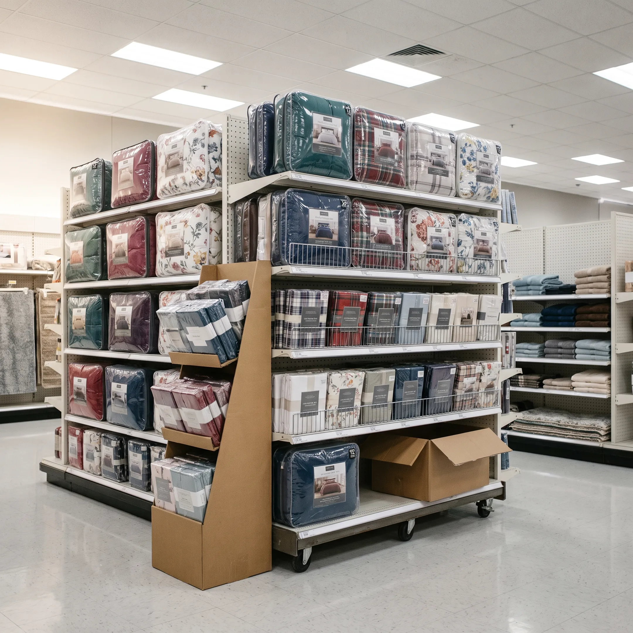 Home goods retail bedding display
