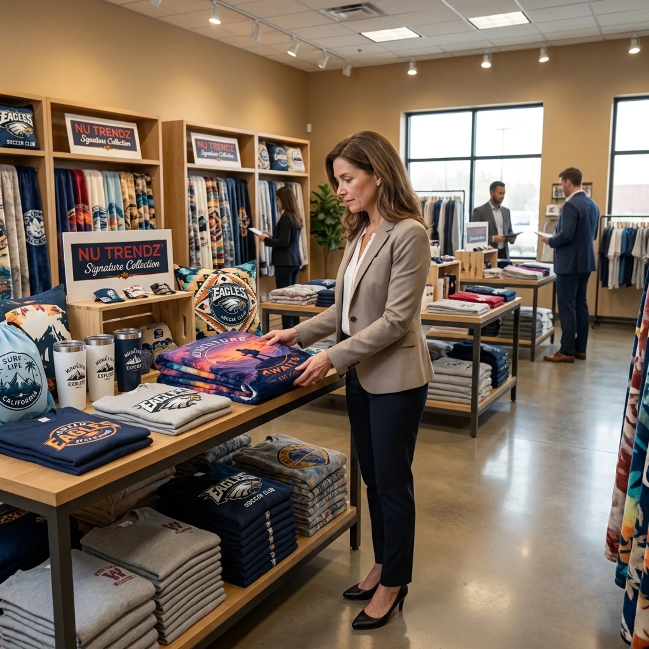Retailer reviewing colorful custom textile merchandise
