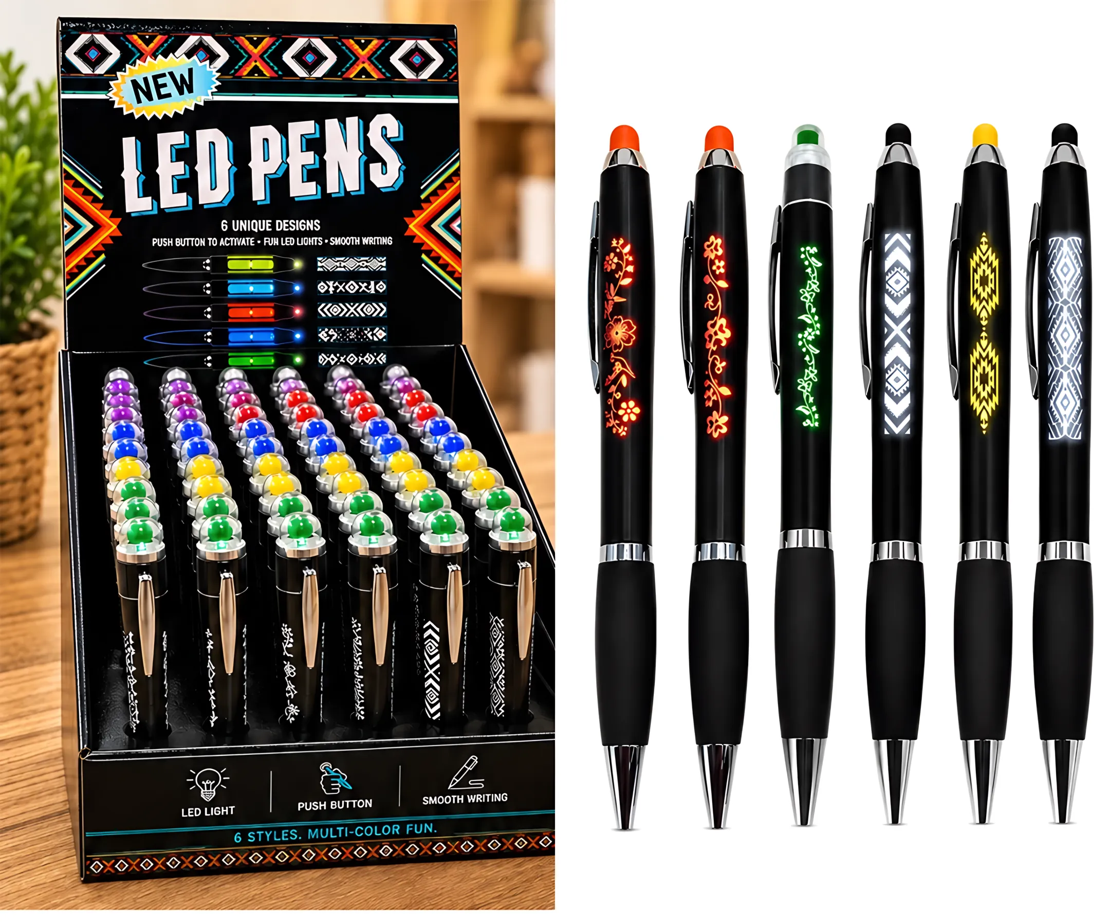 Display of LED Pens (60 pens) - Native, Floral, Anhishinaabe, Tribal Print