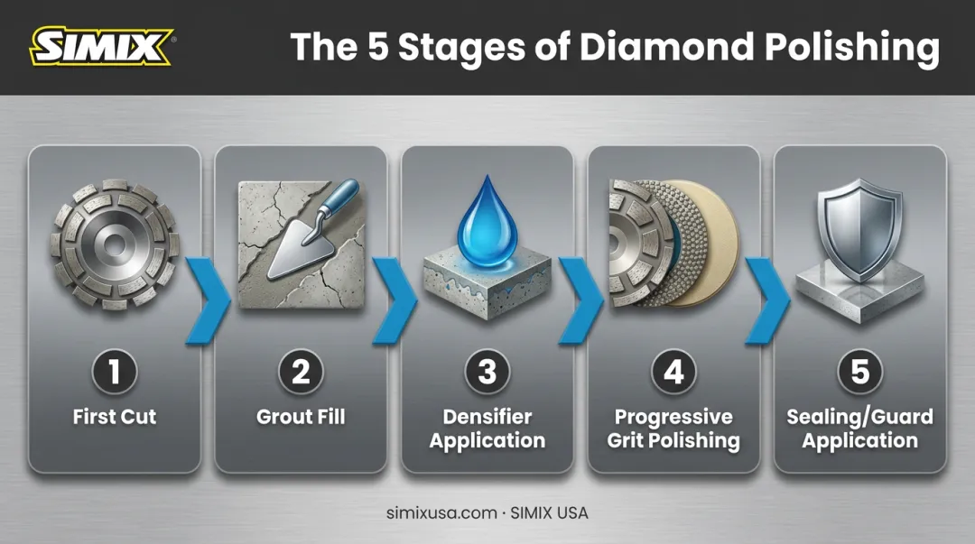 Five-step diamond polishing process from first cut to sealing