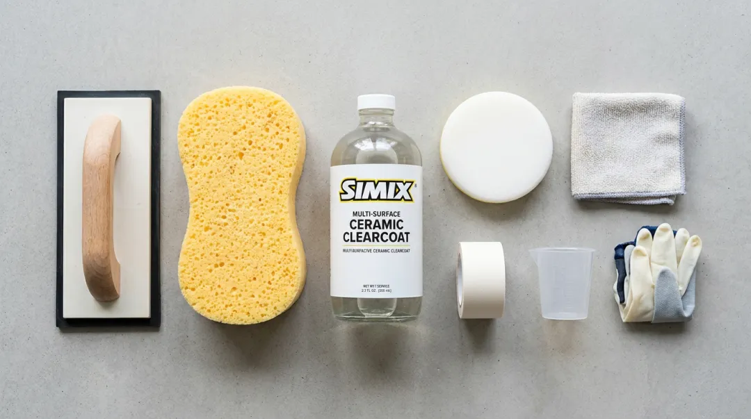SIMIX Multi-Surface Ceramic Clearcoat bottle with grout float and applicator pad