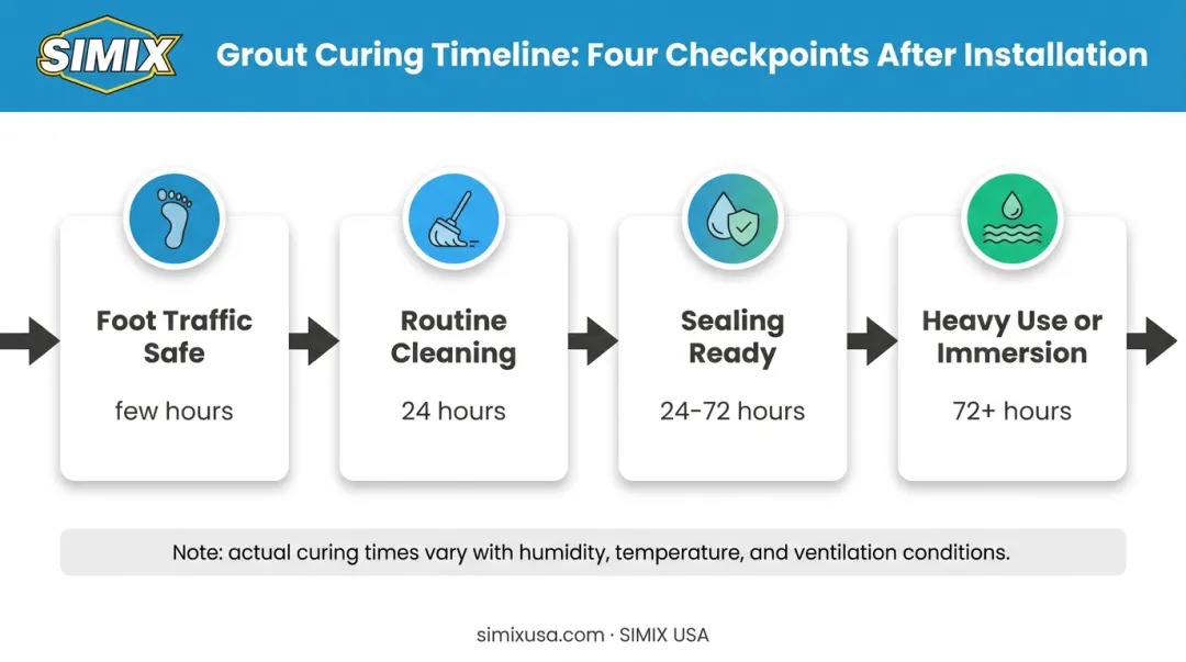 4-stage tile grout curing timeline from foot traffic to sealing