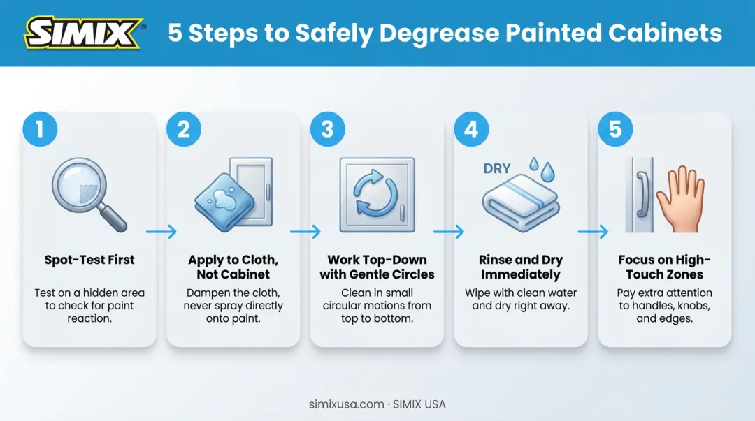 5-step safe degreasing process for painted cabinets from spot-test to drying