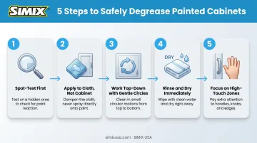 5-step safe degreasing process for painted cabinets from spot-test to drying