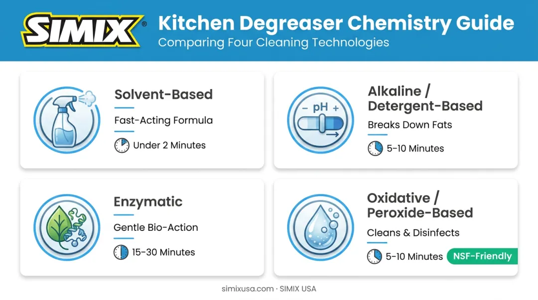 Comparison of four kitchen degreaser types by chemistry and use case