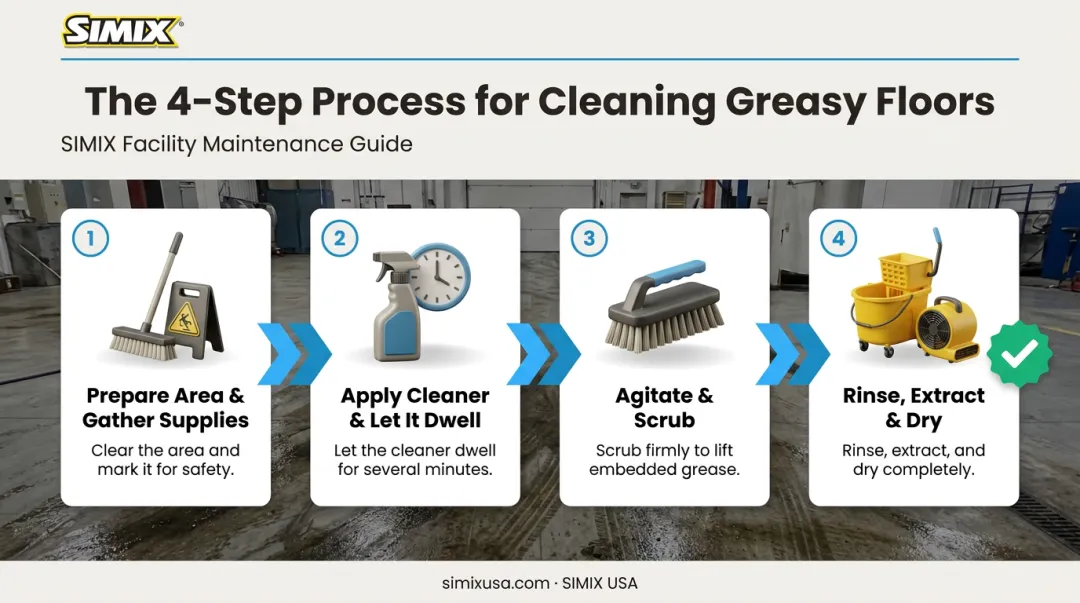4-step process flow for cleaning greasy floors from prep to drying