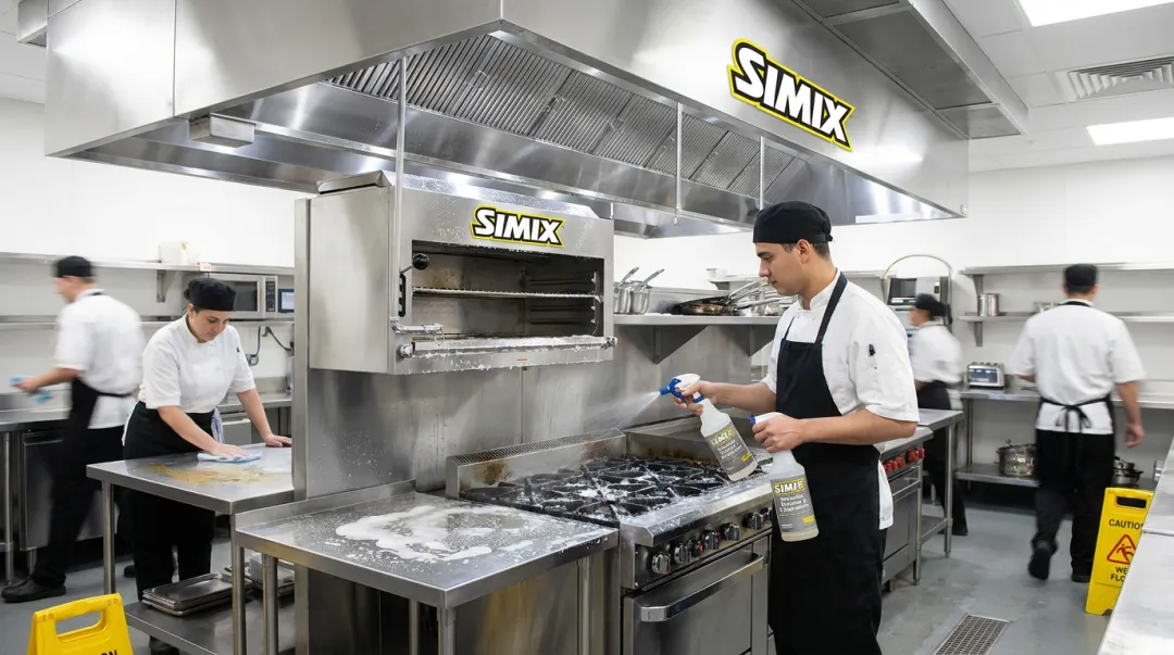 Commercial kitchen staff using SIMIX peroxide cleaner degreaser dual-action