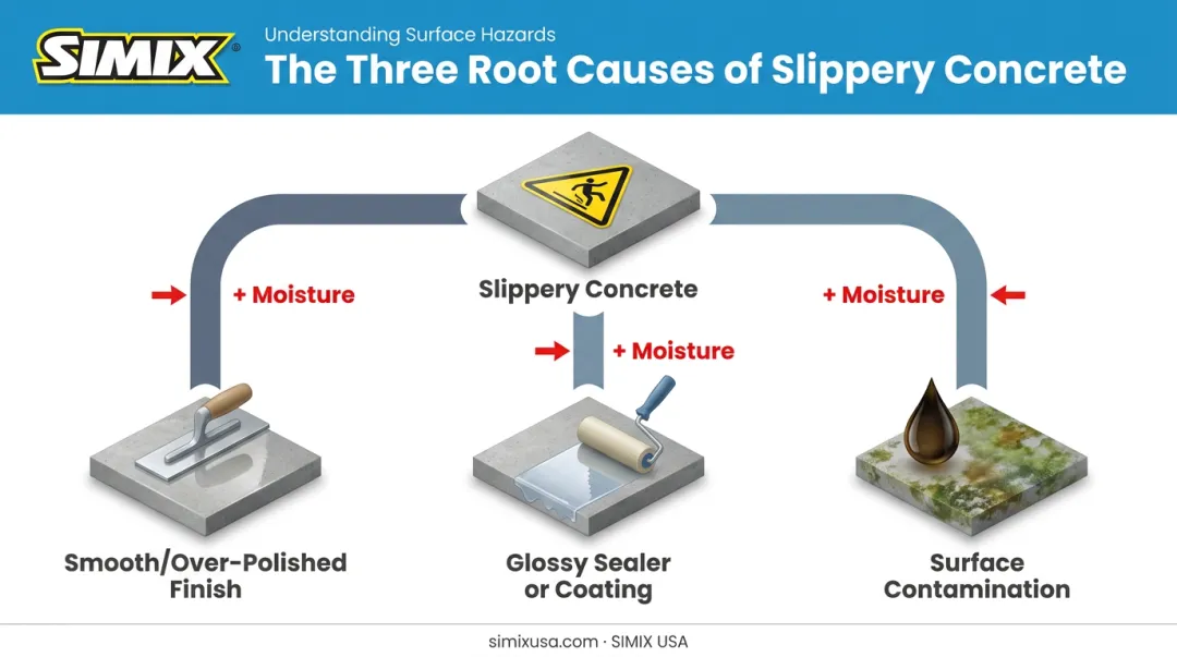 Three main causes of slippery concrete surfaces diagram