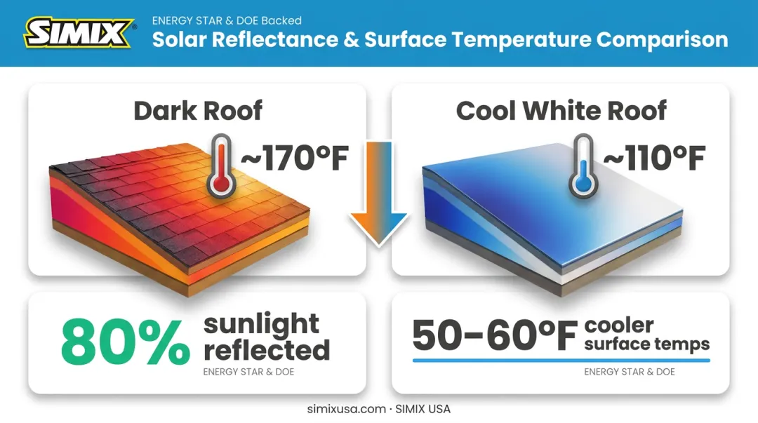 Cool roof reflectivity comparison showing temperature difference between white and dark roofing