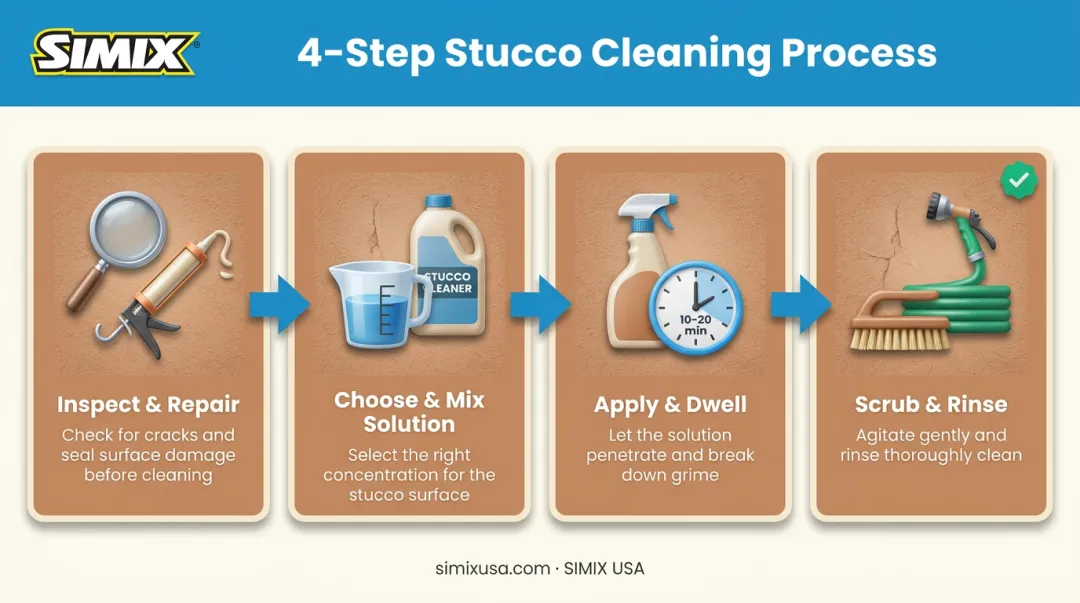 4-step stucco cleaning process from inspection to final rinse