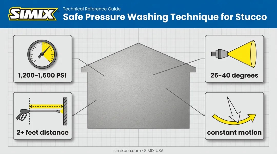Safe pressure washing technique for stucco showing PSI nozzle and distance