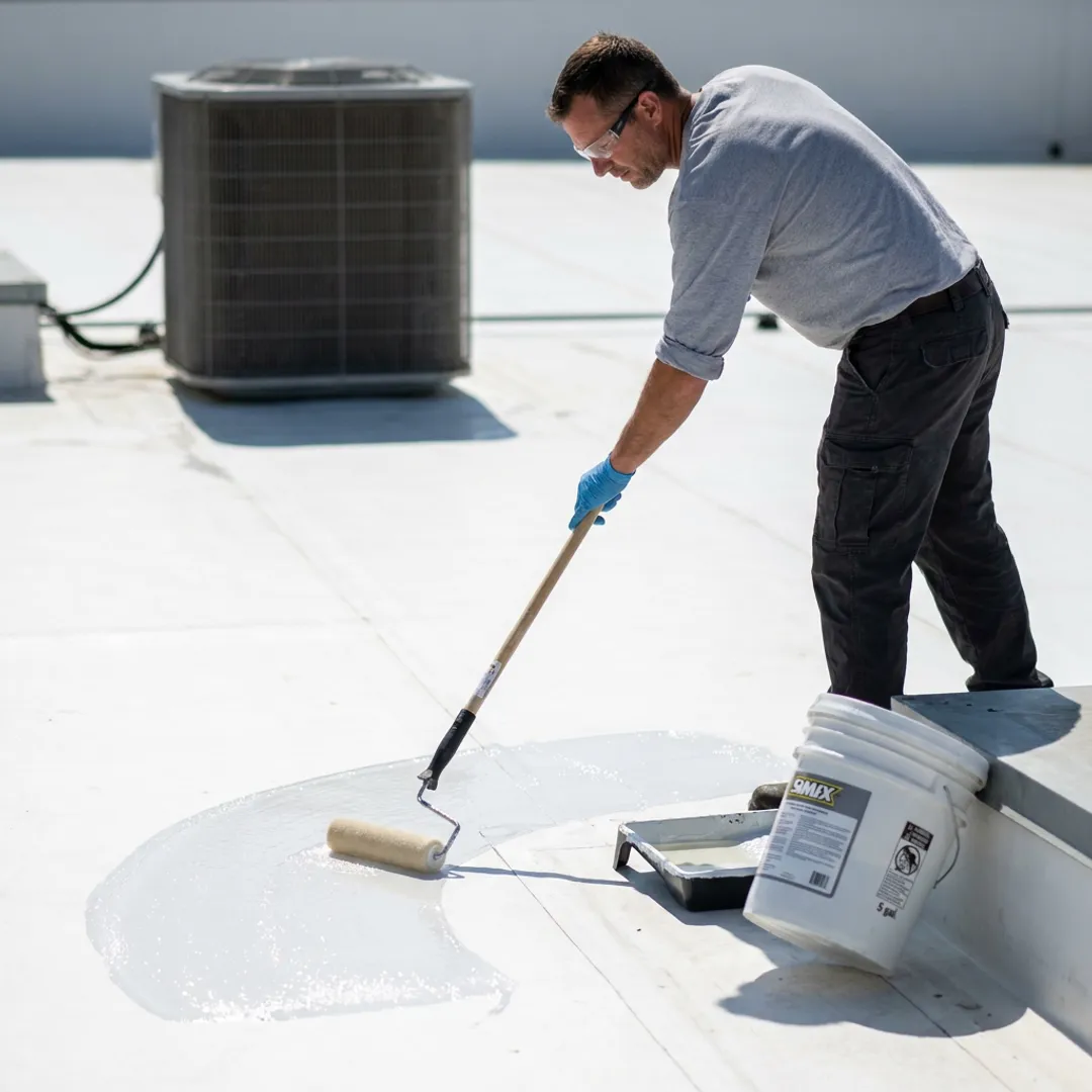 White roof being cleaned and coated