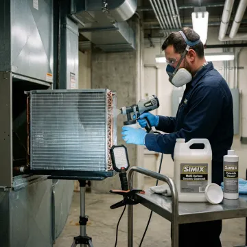 Technician applying coating to metal HVAC coil