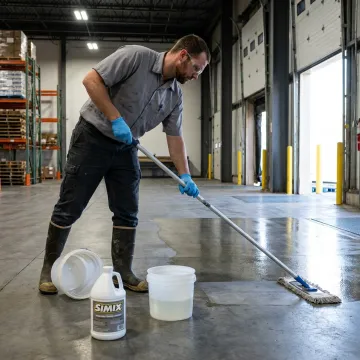 Technician sealing concrete floor with ceramic clearcoat