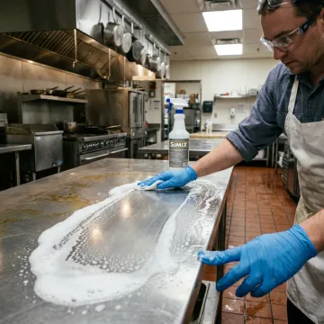 Technician cleaning commercial kitchen surface with peroxide degreaser