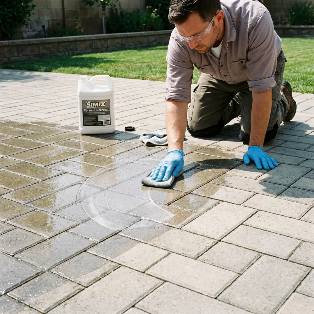 Technician applying clear protective coating to pavers