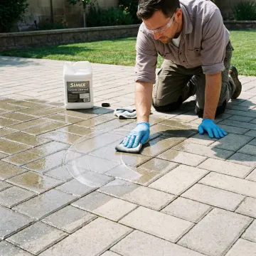 Technician applying clear protective coating to pavers