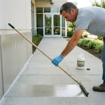 Technician applying clear waterproof coating to exterior concrete surface