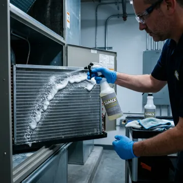 Technician cleaning aluminum equipment with degreaser