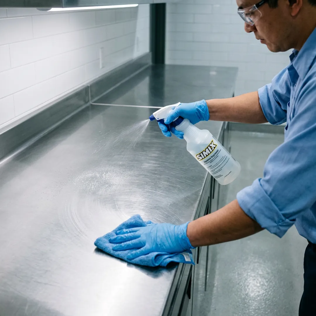Facility worker cleaning hard surface with aqueous degreaser