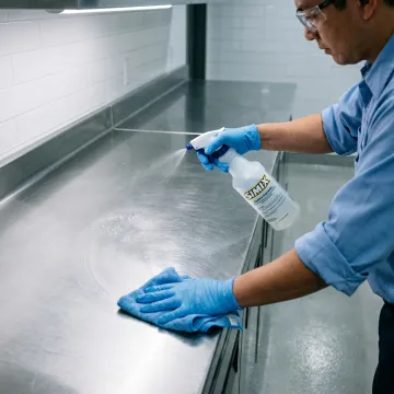 Facility worker cleaning hard surface with aqueous degreaser